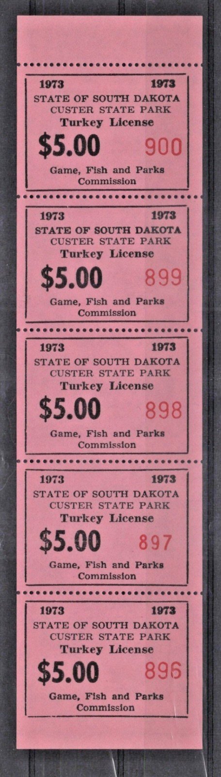 South Dakota SD-TKCP3 MNH 1973 $5 Custer State Park Turkey License ZAYIX