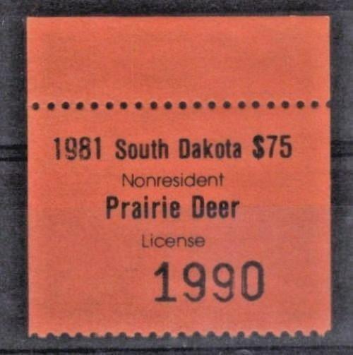South Dakota SD-DPN2 MNH 1981 $75 Non-Resident Prairie Deer License ZAYIX
