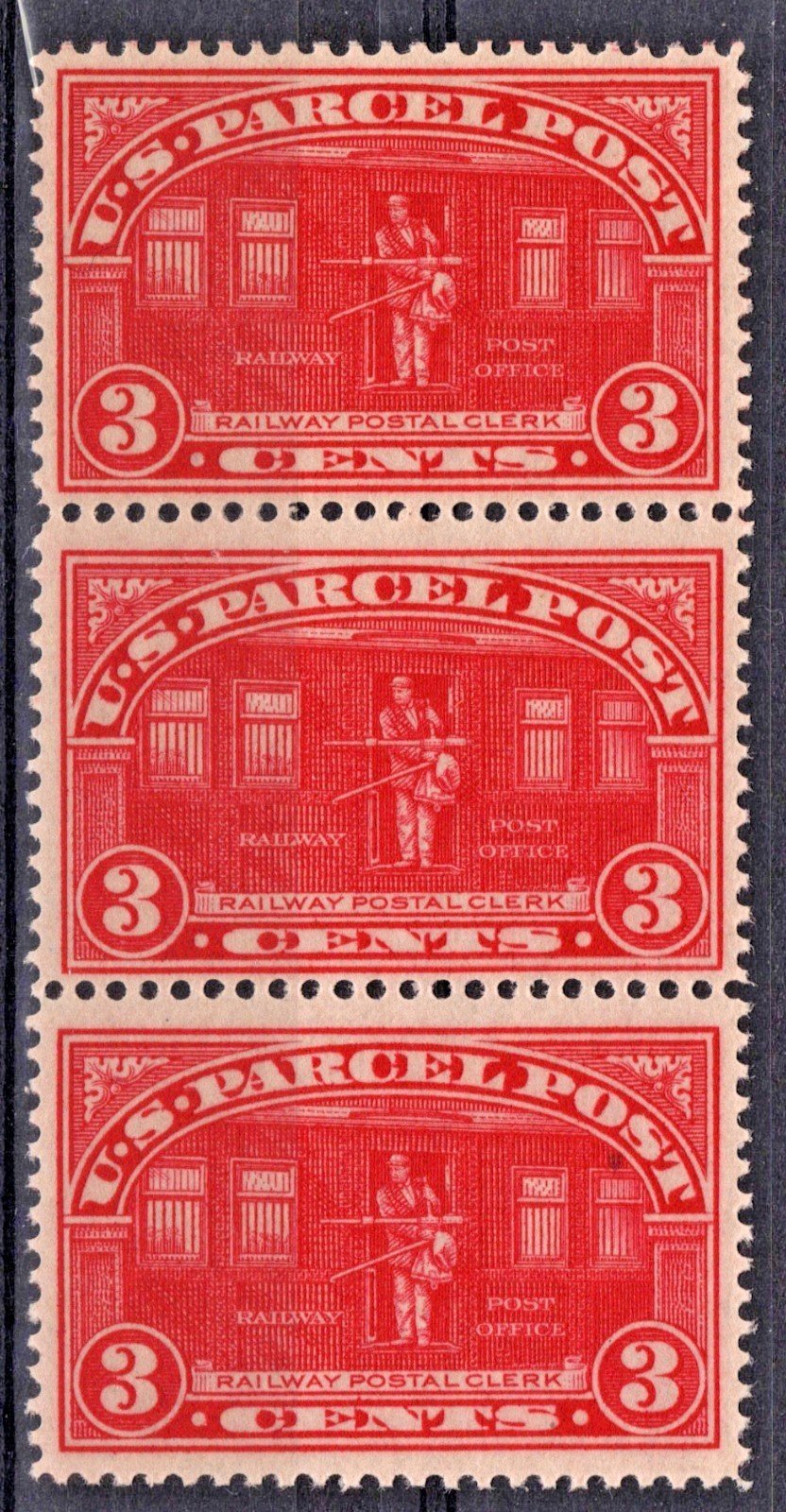US Q3 MNH FVF 3c Parcel Post Railway Postal Clerk Strip of 3 ZAYIX