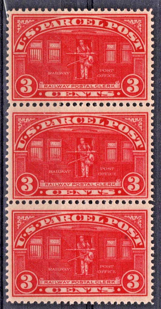 US Q3 MNH FVF 3c Parcel Post Railway Postal Clerk Strip of 3 ZAYIX