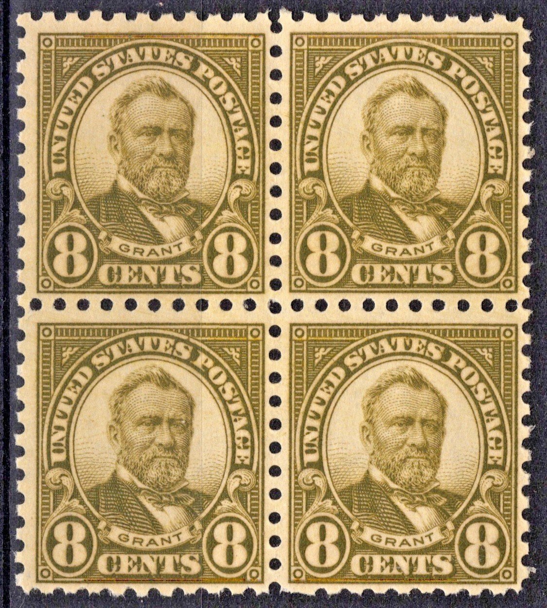 US 589 MNH VF 1926 8c Olive Green Ulysses S. Grant Block, Perf 10 Rotary ZAYIX