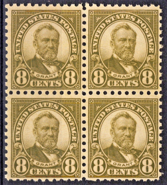 US 589 MNH VF 1926 8c Olive Green Ulysses S. Grant Block, Perf 10 Rotary ZAYIX