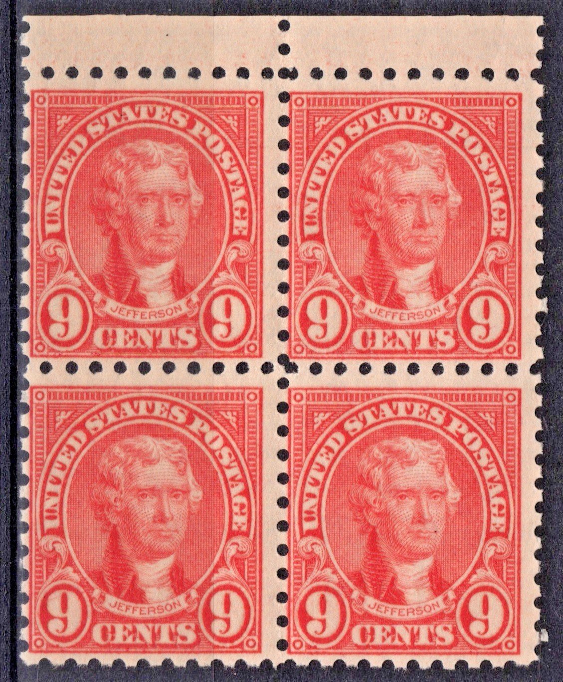 US 590 MNH F 1926 9c Rose Thomas Jefferson Block, Perf 10, Rotary Press ZAYIX