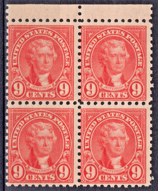 US 590 MNH F 1926 9c Rose Thomas Jefferson Block, Perf 10, Rotary Press ZAYIX