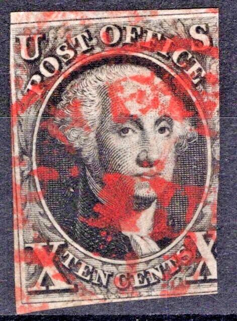 US 2 Used Average 1847 10c black George Washington Red PAID Cancel ZAYIX