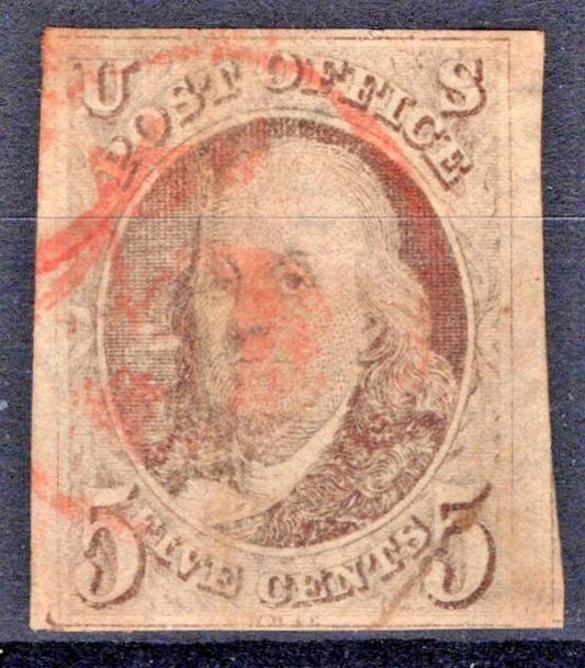 US 1 Used FVF 1847 5c Pale Brown Benjamin Franklin, red cancel - Pinhole ZAYIX