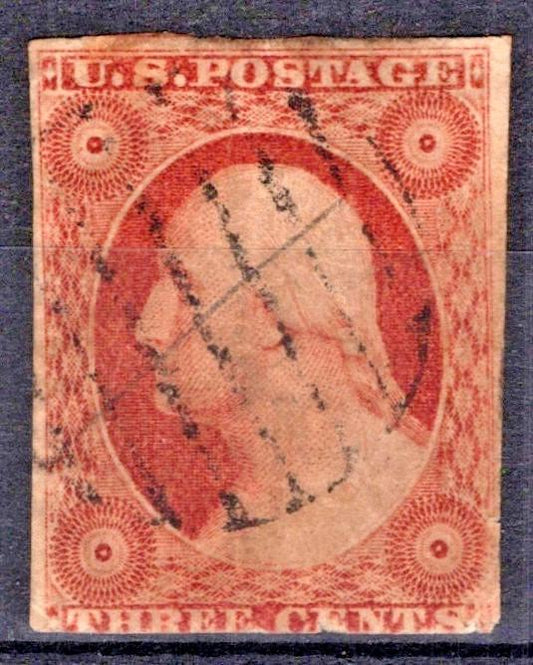 US 10A Used Faults 1851 3c Org Brown, Type II right inner line only recut ZAYIX