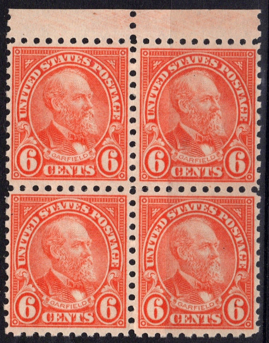 US 587 MNH VF 1925 6c red orange Garfield Block, perf 10 Rotary Press ZAYIX