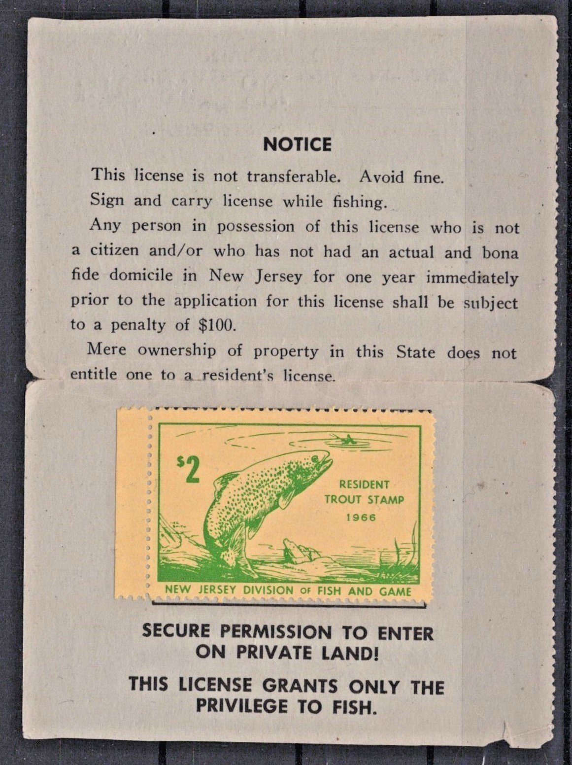 1966 New Jersey NJT-14 $2 Resident Trout License ZAYIX