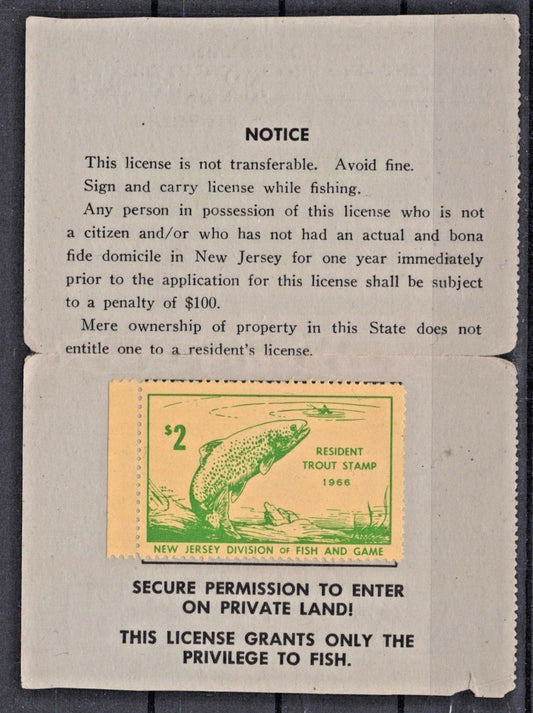 1966 New Jersey NJT-14 $2 Resident Trout License ZAYIX