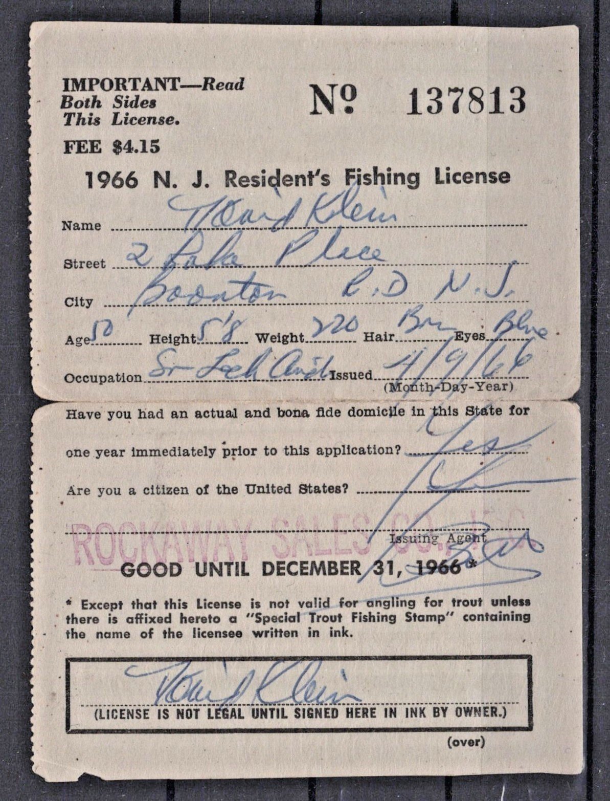 1966 New Jersey NJT-14 $2 Resident Trout License ZAYIX