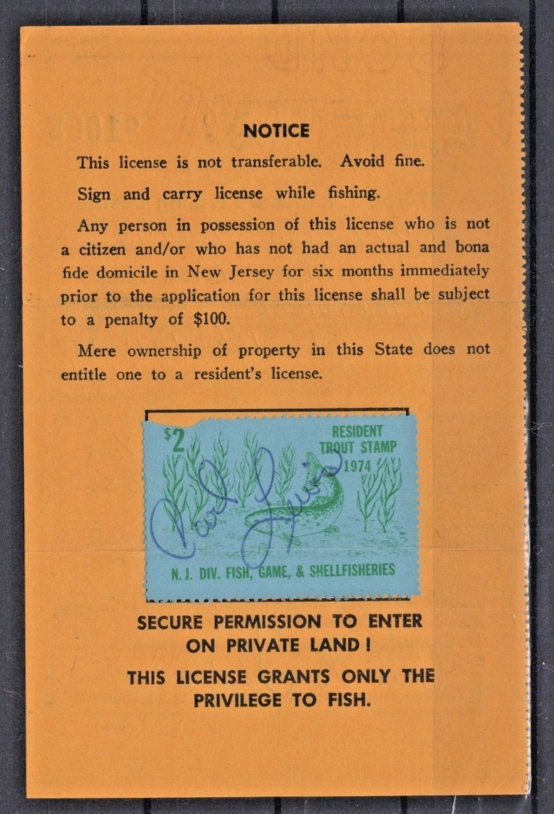 1974 New Jersey NJT-22 $2 Trout Stamp on Resident License ZAYIX