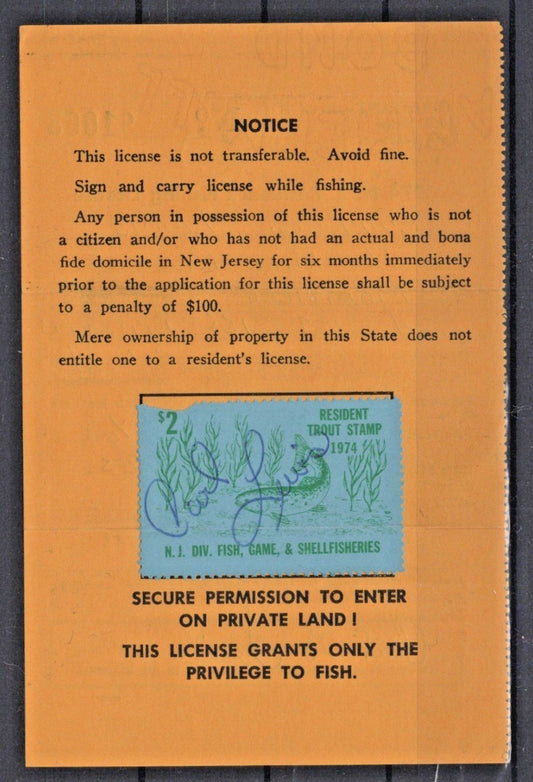1974 New Jersey NJT-22 $2 Trout Stamp on Resident License ZAYIX