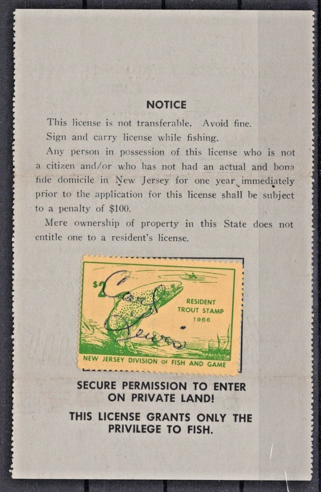 1966 New Jersey NJT-14 $2 Resident Trout Stamp License ZAYIX