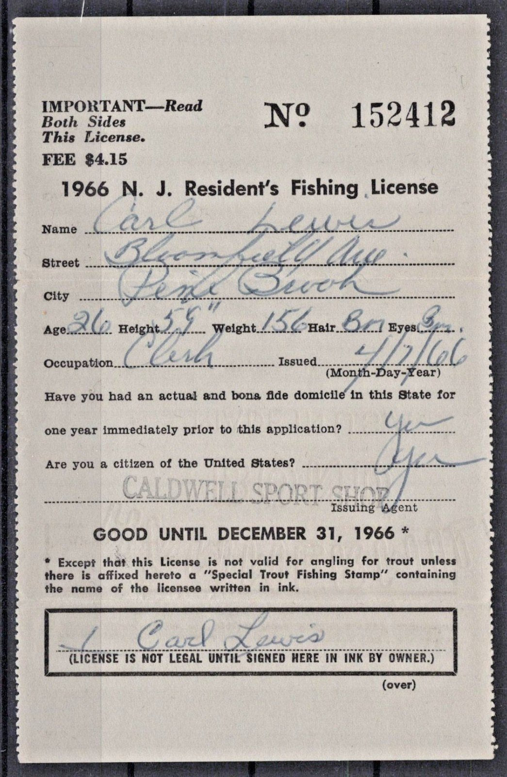 1966 New Jersey NJT-14 $2 Resident Trout Stamp License ZAYIX