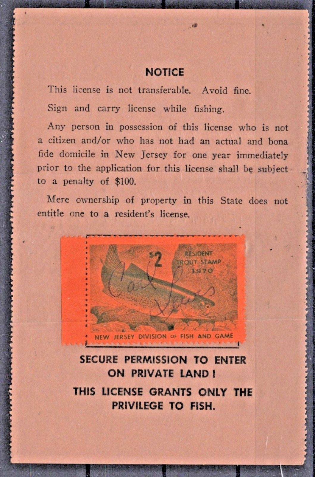 1970 New Jersey NJT-18 $2 Trout Stamp on Resident License ZAYIX
