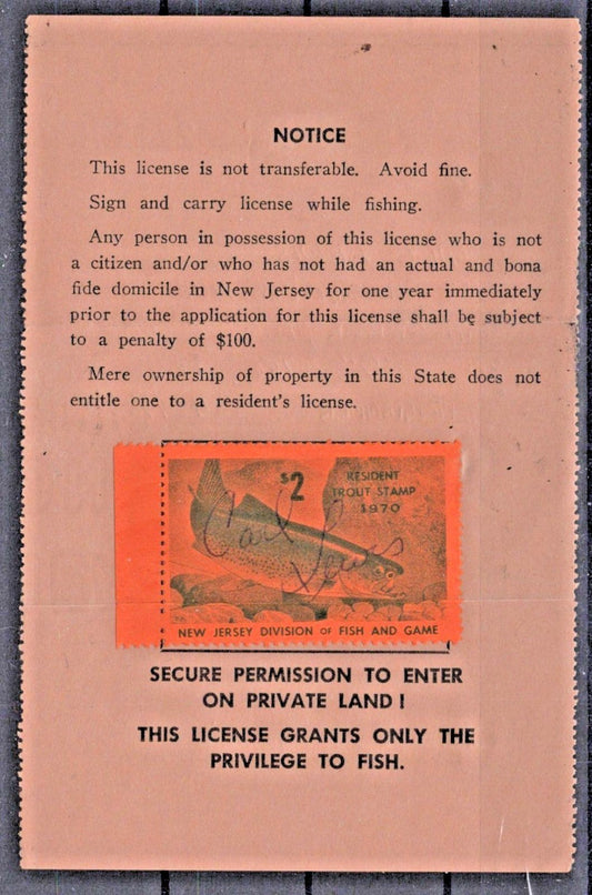 1970 New Jersey NJT-18 $2 Trout Stamp on Resident License ZAYIX