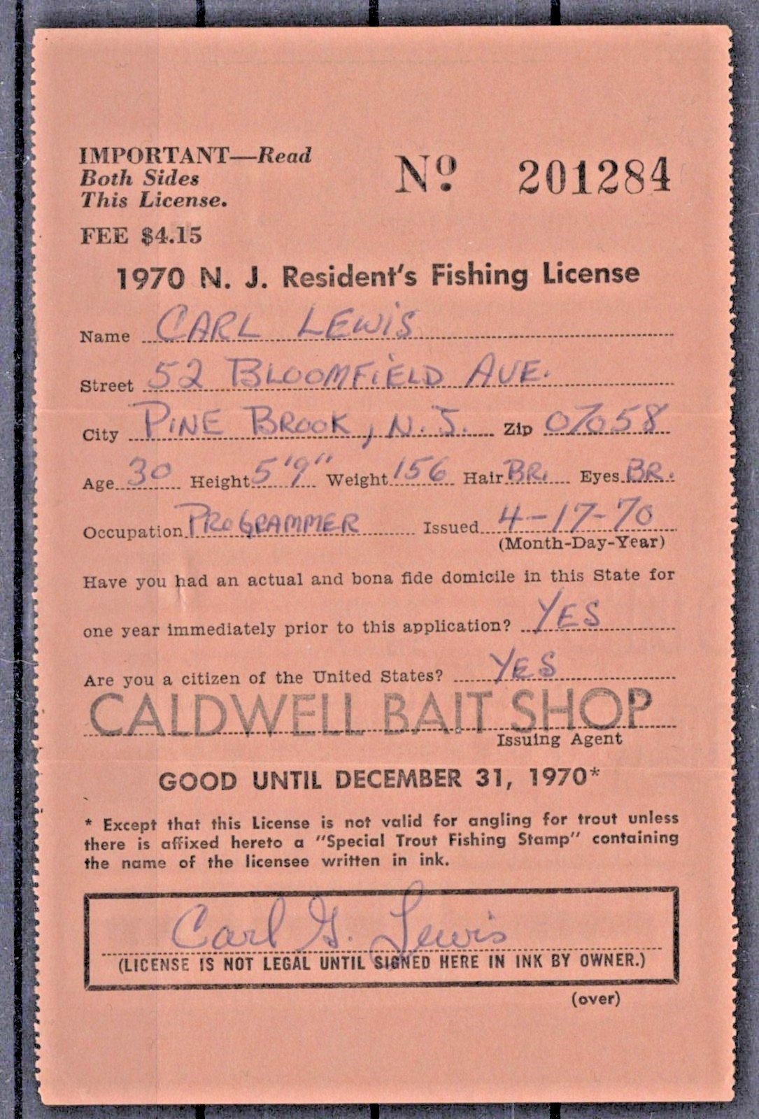 1970 New Jersey NJT-18 $2 Trout Stamp on Resident License ZAYIX