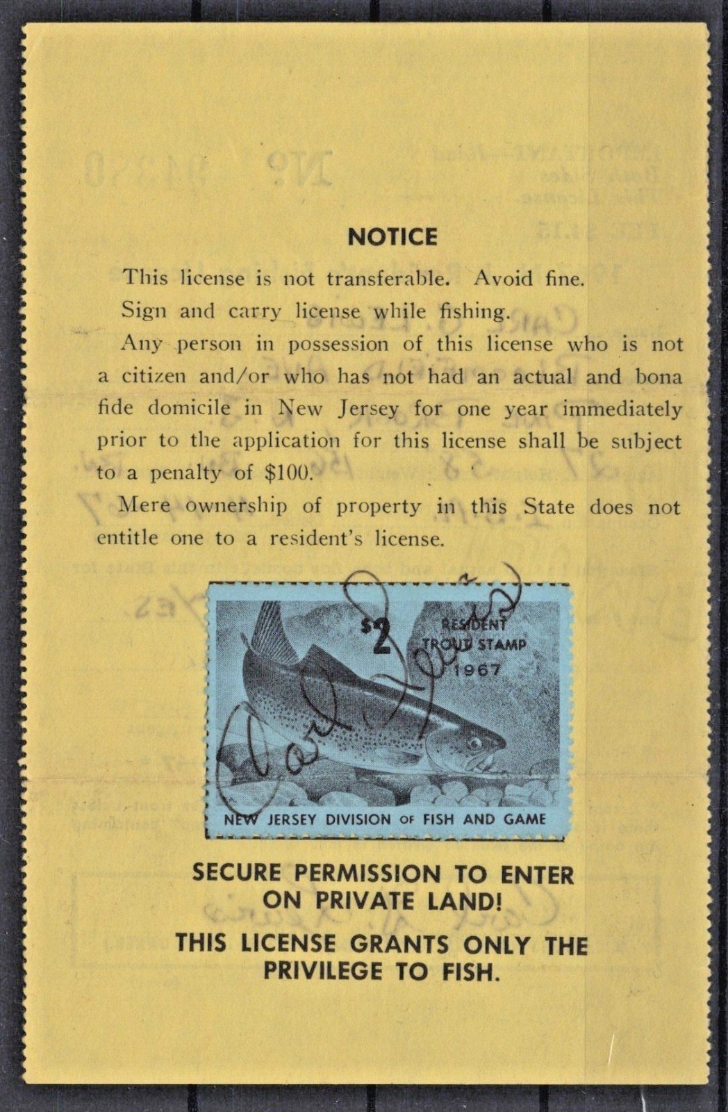 1967 New Jersey NJT-15 $2 Resident Trout Stamp on License ZAYIX