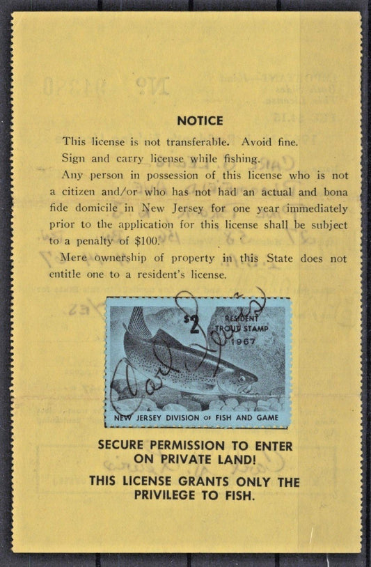 1967 New Jersey NJT-15 $2 Resident Trout Stamp on License ZAYIX