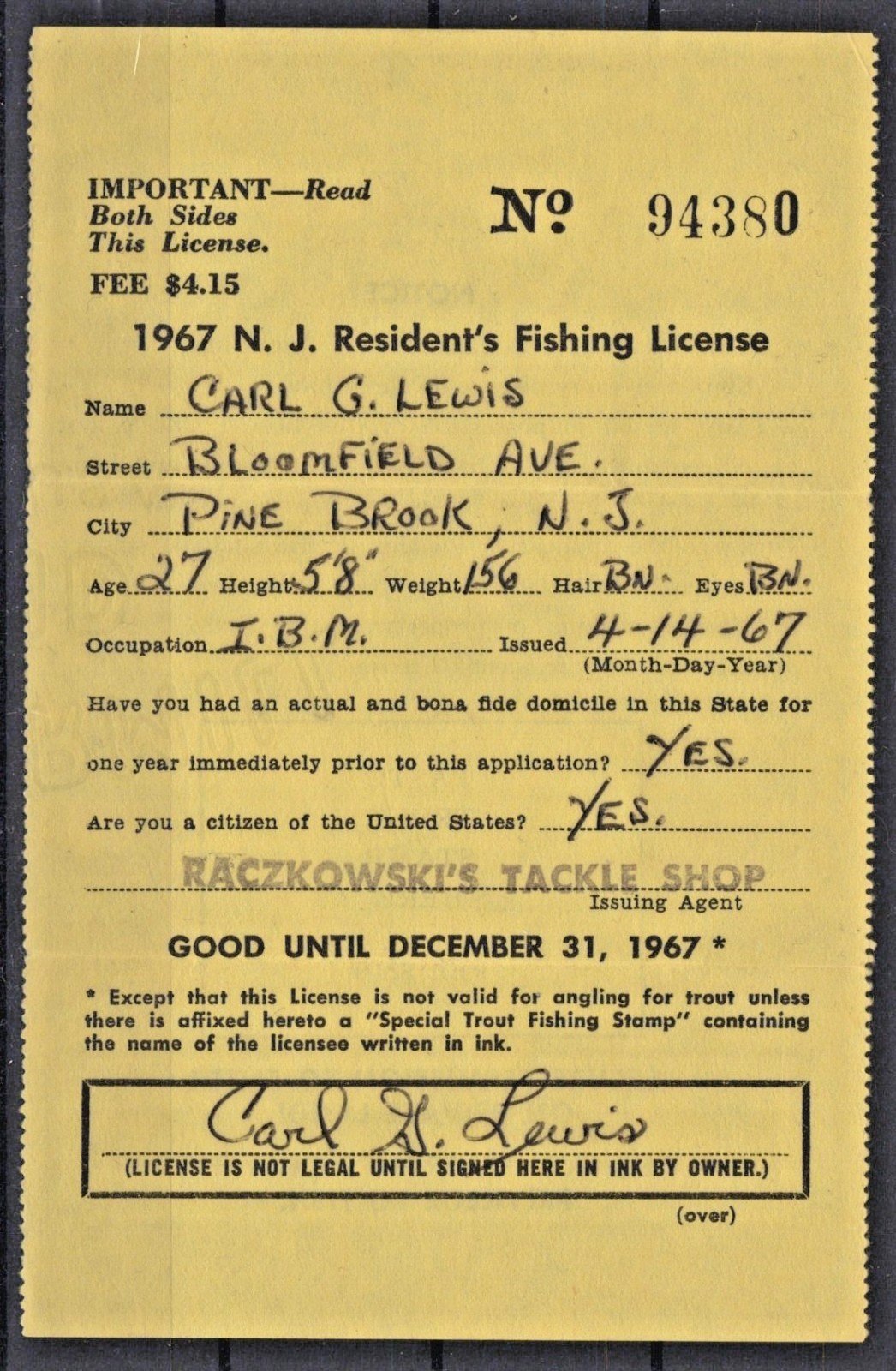 1967 New Jersey NJT-15 $2 Resident Trout Stamp on License ZAYIX