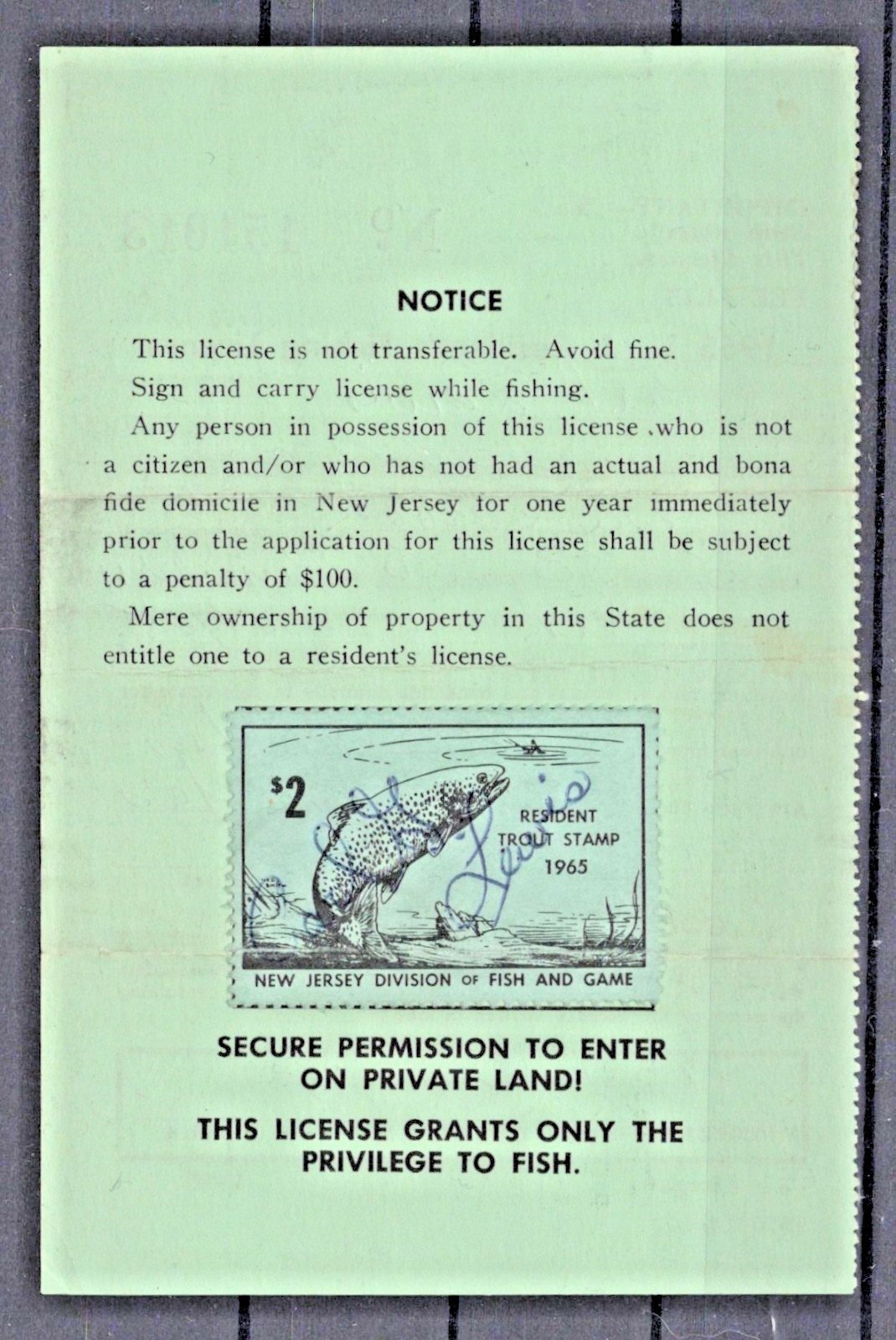 1965 New Jersey NJT-13 $2 Resident Trout Stamp License ZAYIX