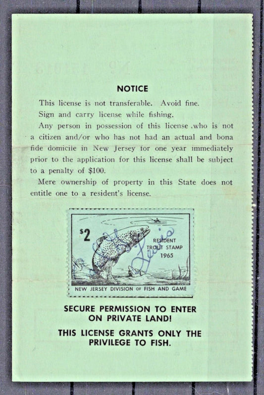 1965 New Jersey NJT-13 $2 Resident Trout Stamp License ZAYIX