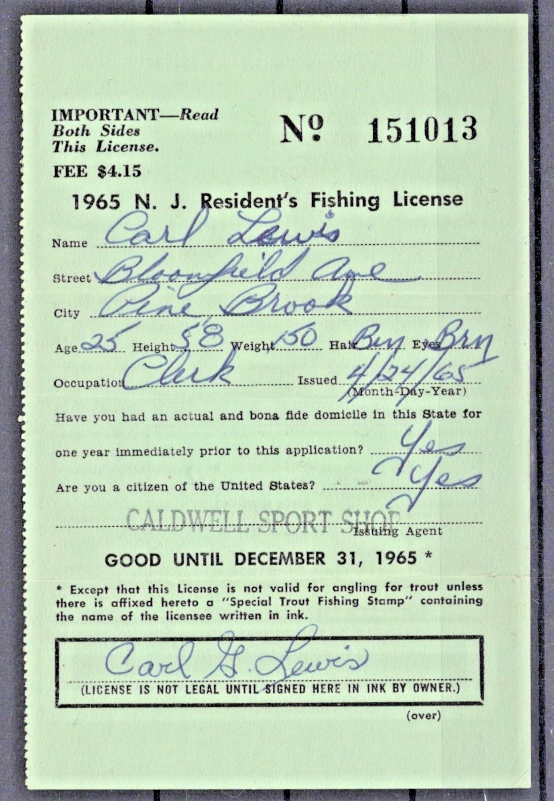 1965 New Jersey NJT-13 $2 Resident Trout Stamp License ZAYIX