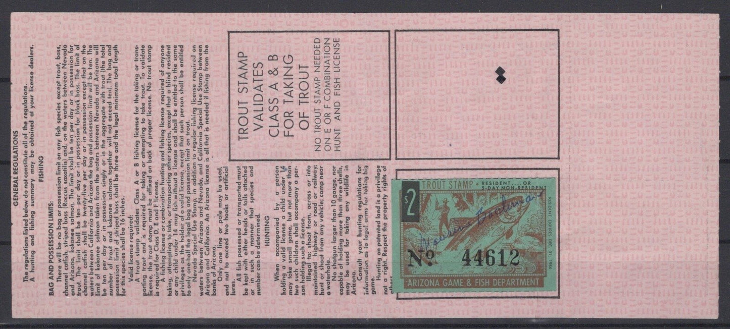 Arizona AZT-8 Used $2 1966 Arizona Trout Stamp 5 Day Non-Resident License ZAYIX