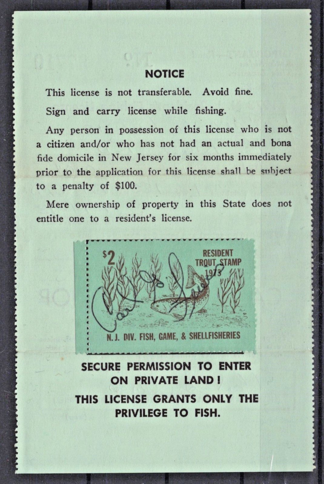 1973 New Jersey NJT-21 $2 Resident Trout Stamp on License ZAYIX