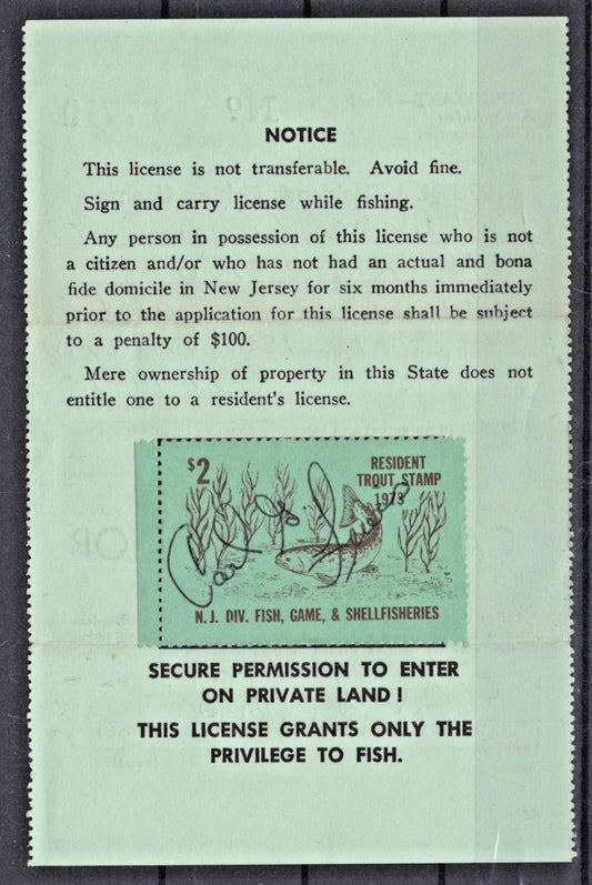 1973 New Jersey NJT-21 $2 Resident Trout Stamp on License ZAYIX