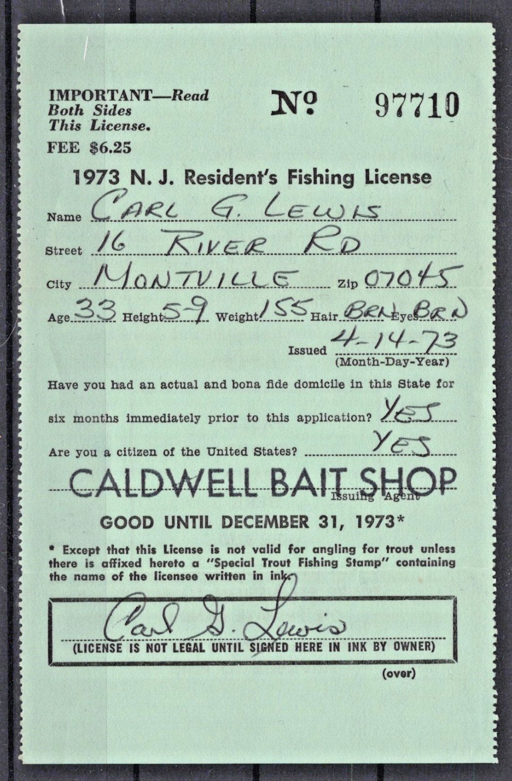 1973 New Jersey NJT-21 $2 Resident Trout Stamp on License ZAYIX