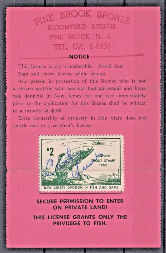 1962 New Jersey NJT-10 $2 Resident Trout Stamp License ZAYIX