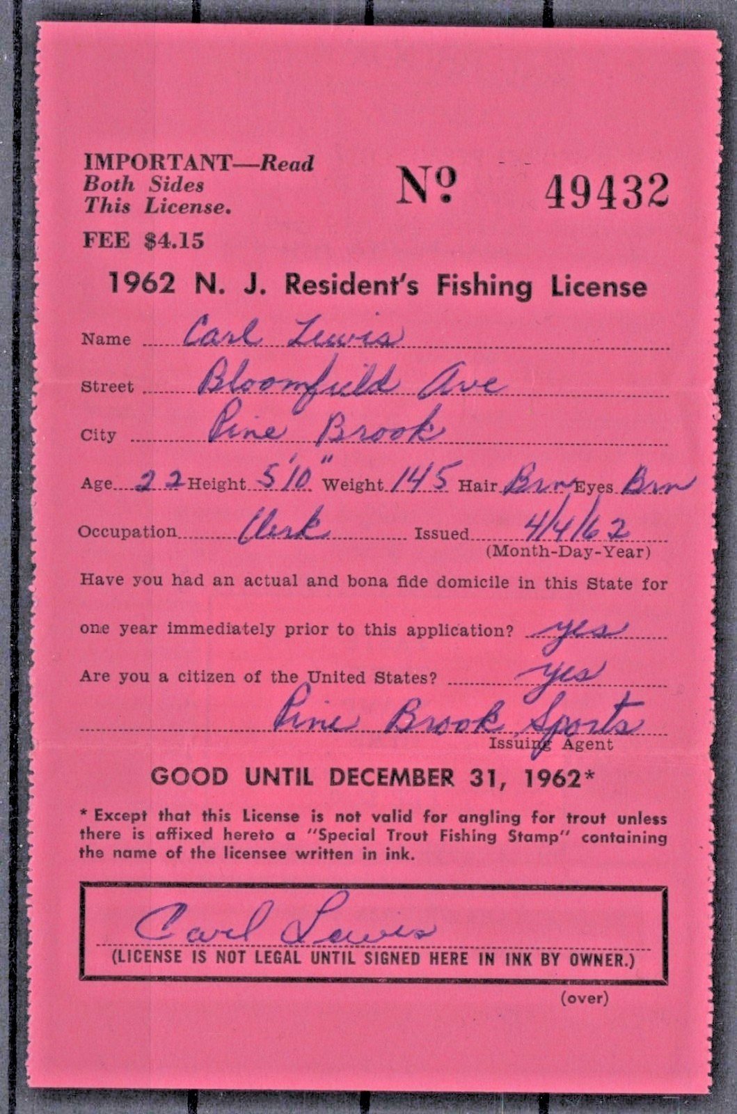 1962 New Jersey NJT-10 $2 Resident Trout Stamp License ZAYIX