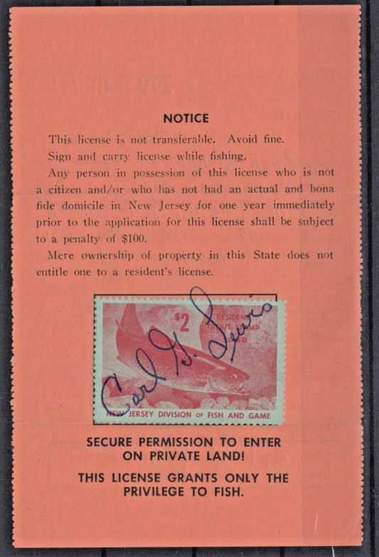 1968 New Jersey NJT-16 $2 Resident Trout Stamp on License ZAYIX
