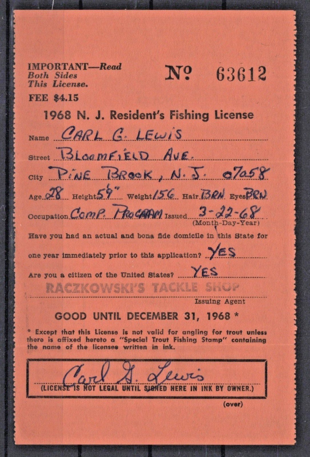 1968 New Jersey NJT-16 $2 Resident Trout Stamp on License ZAYIX