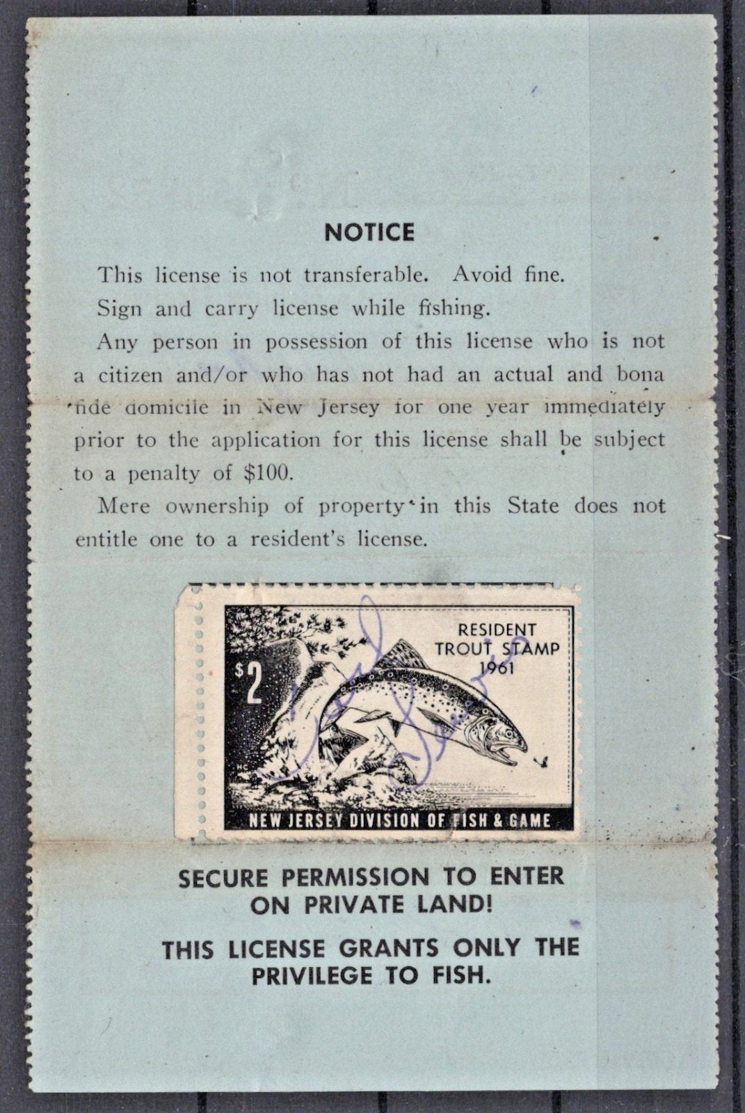 1961 New Jersey NJT-9 $2 Used Resident Trout Stamp on License ZAYIX