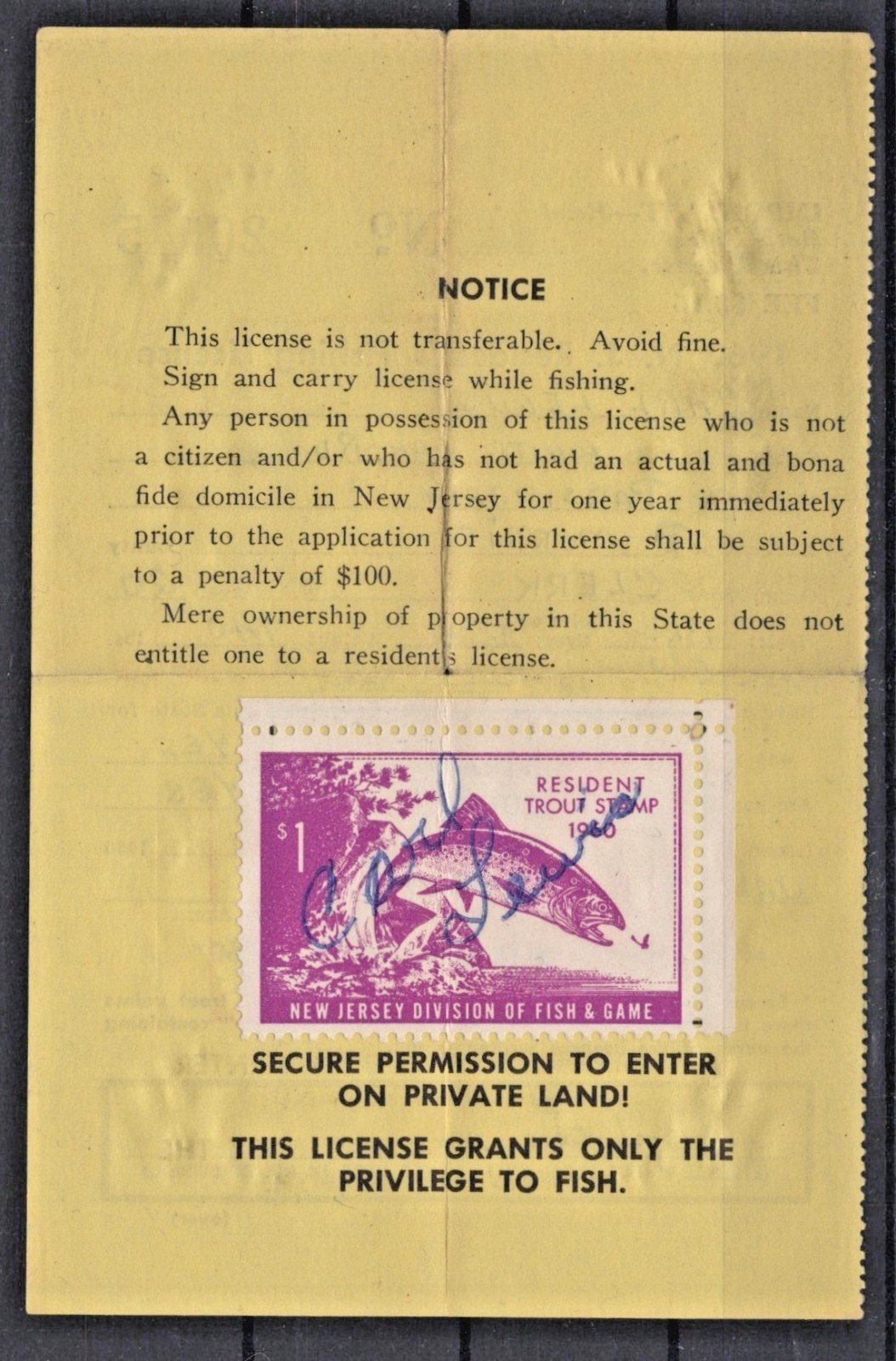 1960 New Jersey NJT-8 $1 Resident Trout Stamp License ZAYIX