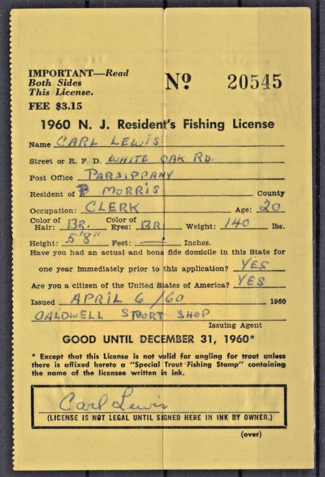1960 New Jersey NJT-8 $1 Resident Trout Stamp License ZAYIX