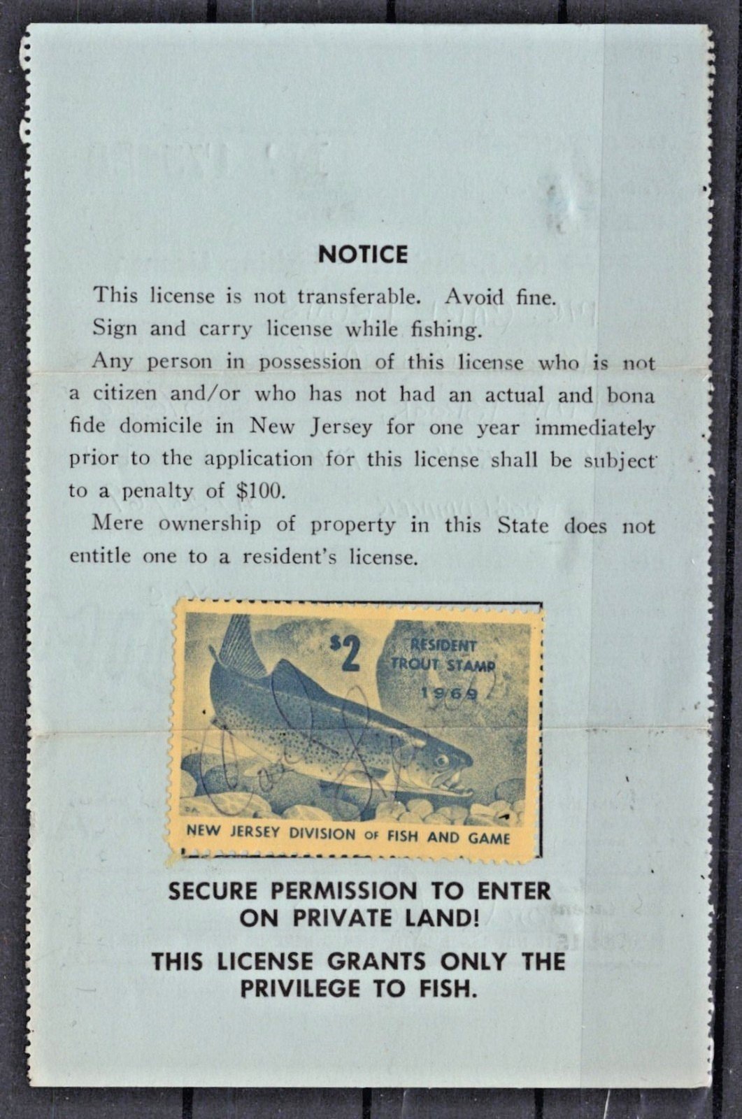 1969 New Jersey NJT-17 $2 Resident Trout Stamp on License ZAYIX