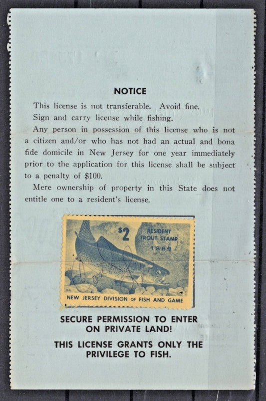 1969 New Jersey NJT-17 $2 Resident Trout Stamp on License ZAYIX