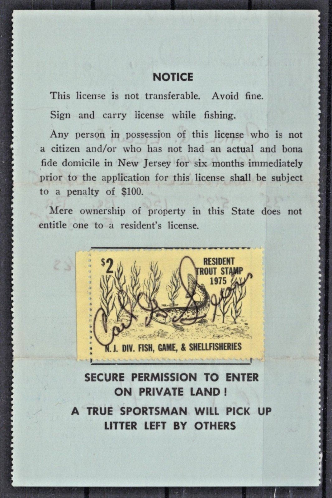 1975 New Jersey NJT-23 $2 Resident Trout Stamp License ZAYIX