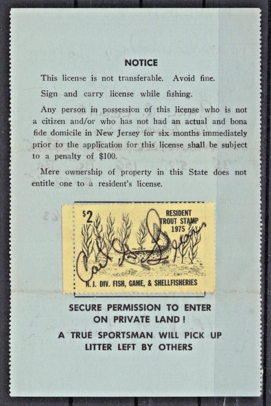 1975 New Jersey NJT-23 $2 Resident Trout Stamp License ZAYIX