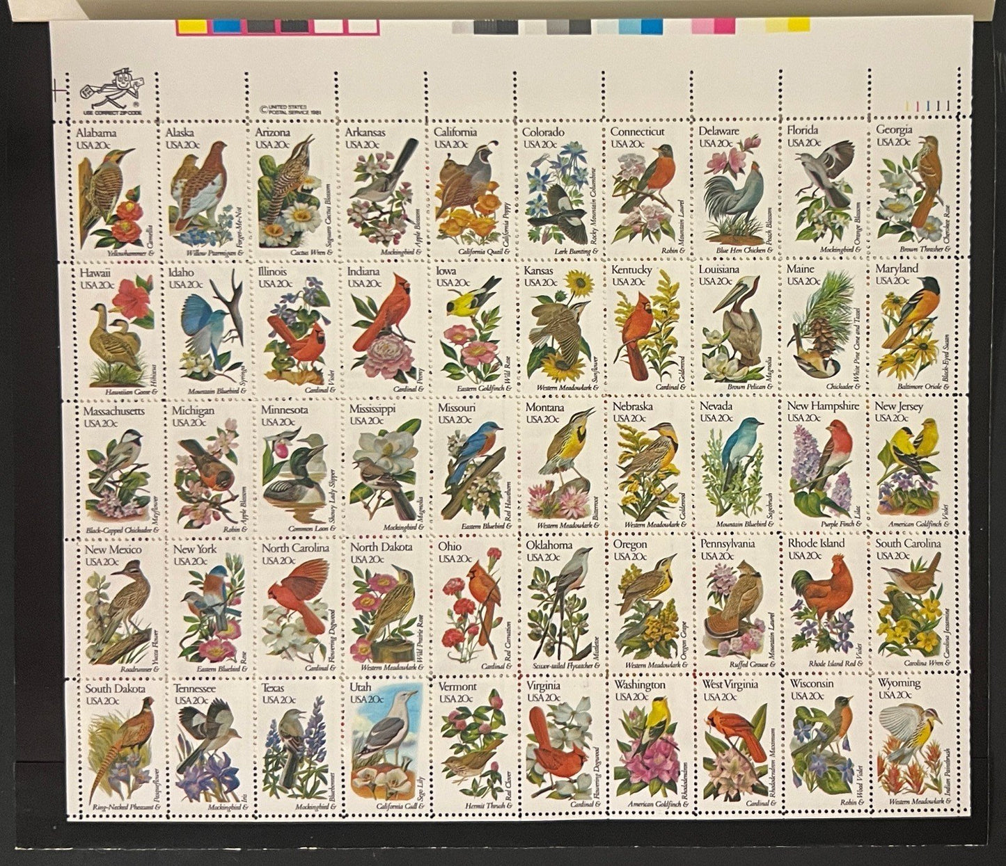 US 1953-2002 Mint Sheet (MNH) 50 States Birds & Flowers Issue 20-Cent 1982 ZAYIX