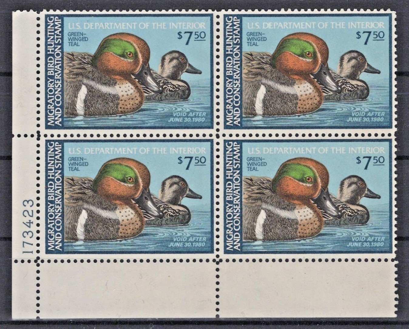 US 1979 Green-Winged Teal $7.50 Duck Stamp Plate Block Scott# RW46 MNH VF ZAYIX