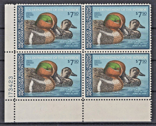 US 1979 Green-Winged Teal $7.50 Duck Stamp Plate Block Scott# RW46 MNH VF ZAYIX