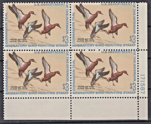 US 1971 Cinnamon Teal $3 Duck Stamp Plate Block Scott# RW38 MNH F ZAYIX