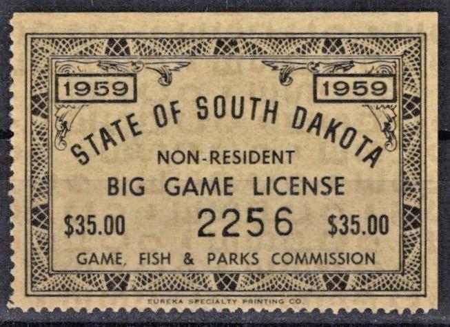 1959 South Dakota $35 Non-Resident Big Game License Cotton# SD-BGN1 MNH VF ZAYIX
