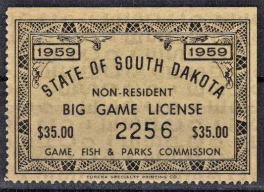 1959 South Dakota $35 Non-Resident Big Game License Cotton# SD-BGN1 MNH VF ZAYIX