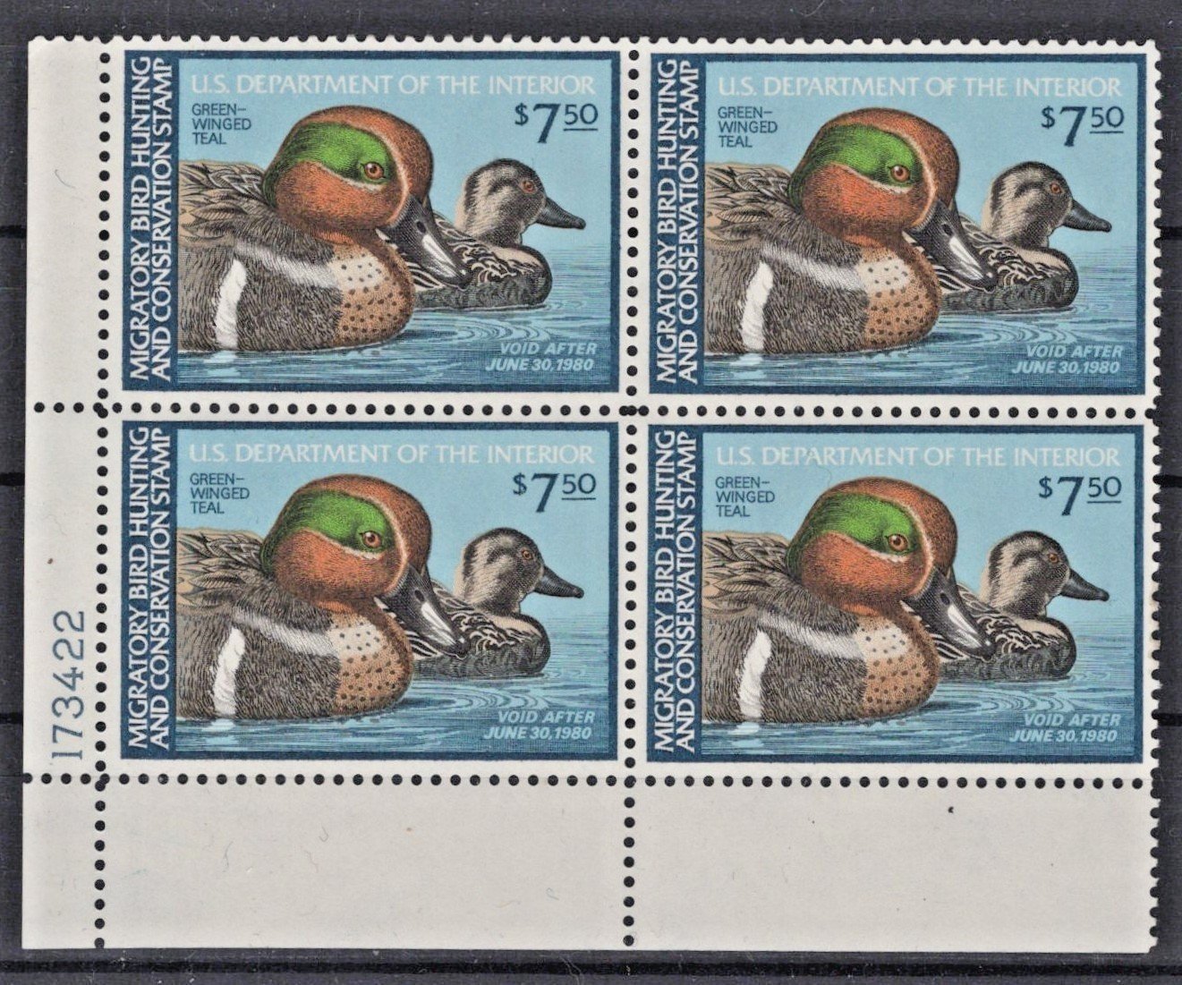 US 1979 Green-Winged Teal Plate Block $7.50 Duck Stamp Scott# RW46 MNH VF ZAYIX
